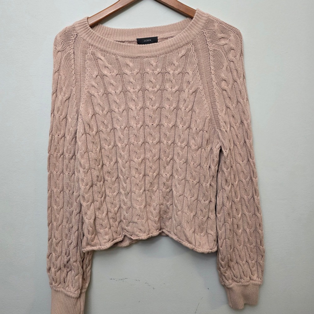 J.Crew Sweater Small Pink Cable Knit‎ Raglan Sleeve Crew Neck Preppy Classic